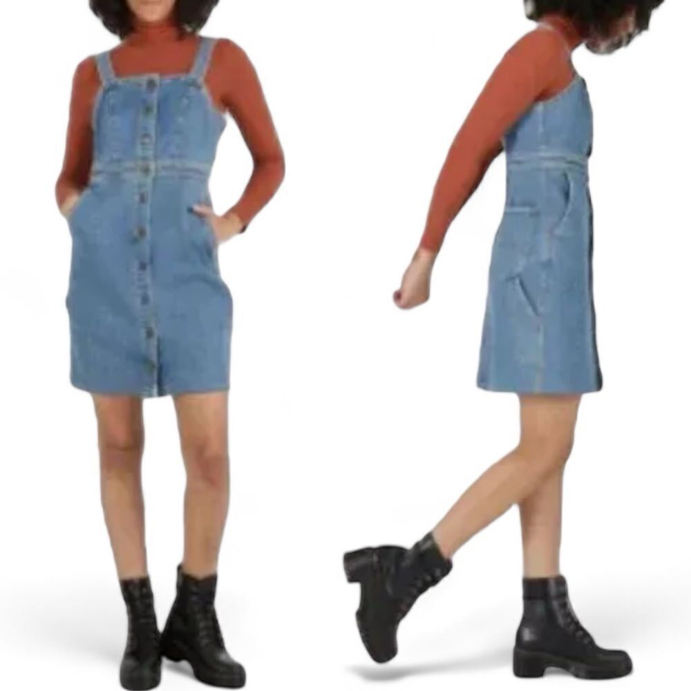 Lee Distressed Denim Button Up Carpenter Overall Jumper Dress Adjustable Straps
